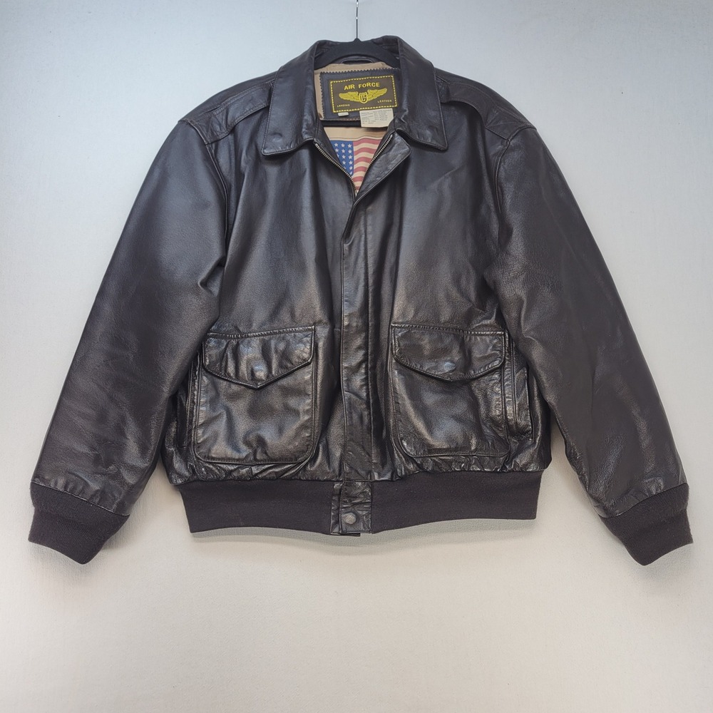 Air Force Landing Leather Bomber Jacket Mens XL Brown A-2 Flight American Flag